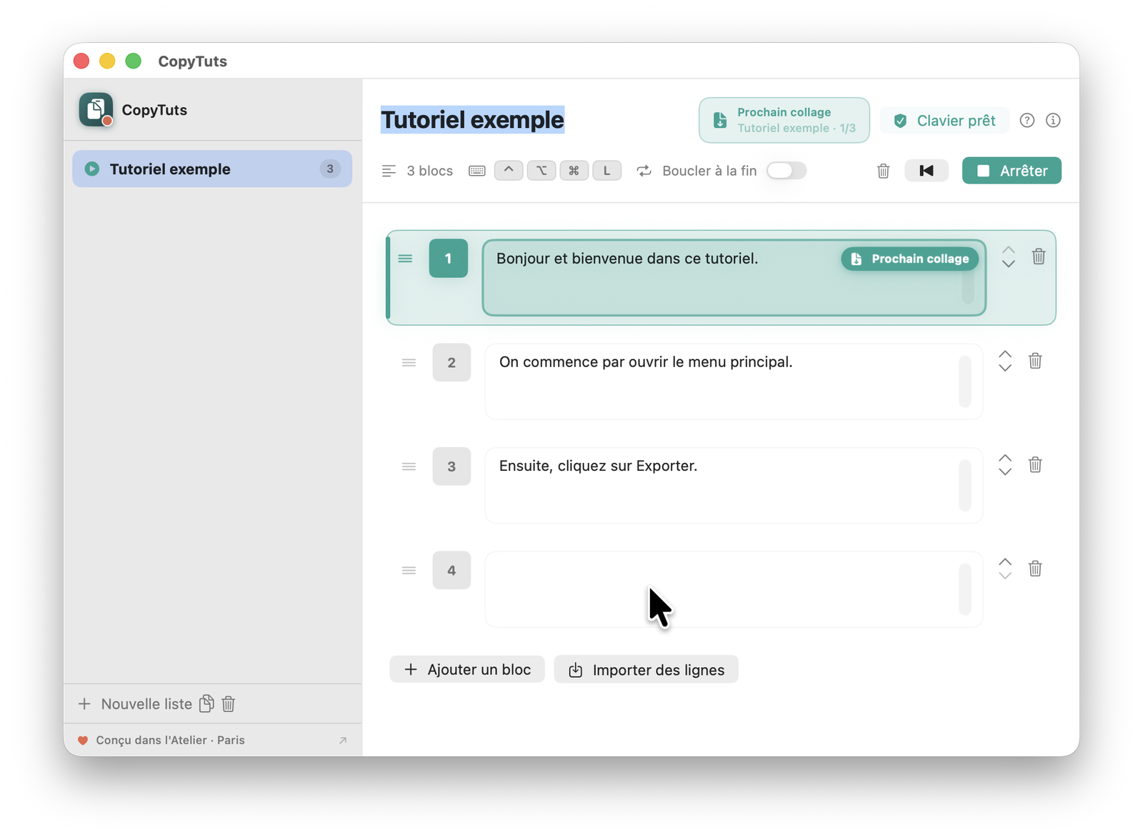 CopyTuts sur macOS : une liste de textes prête à coller pendant un enregistrement